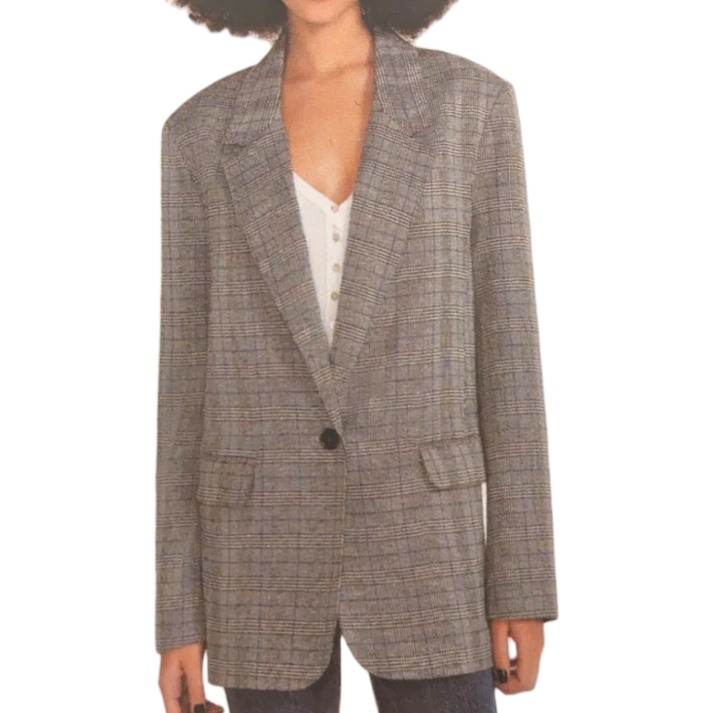 Plaid Single-Button Blazer Jacket - Gray